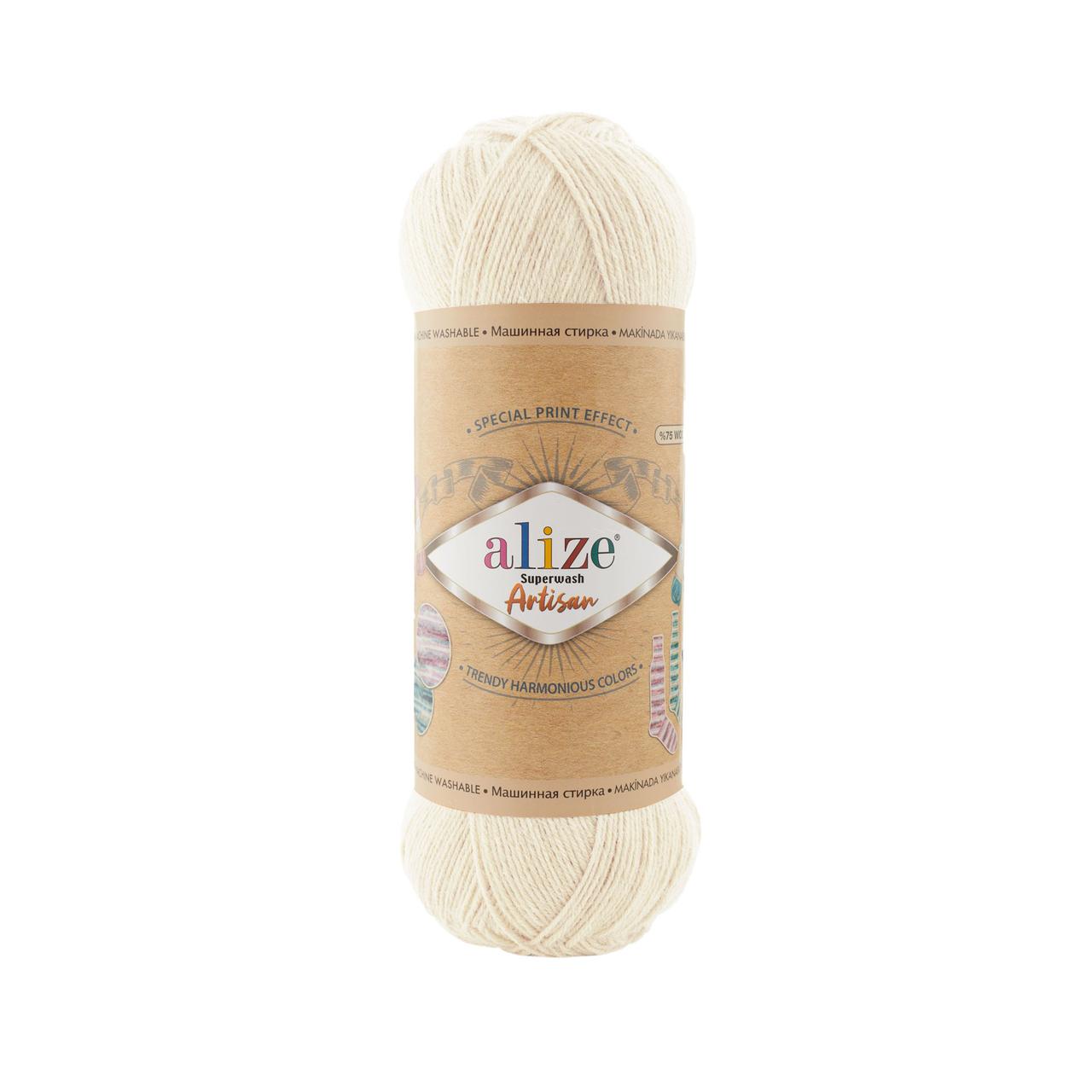 Пряжа Ализе Супервош Артисан (Alize Superwash Artisan) цвет 01 кремовый