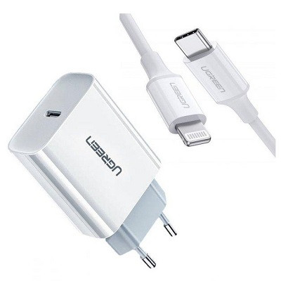 Сетевое зарядное устройство UGREEN CD137-50698; 1 USB-C, 20W PD + кабель Type-C - Lightning 1m, Mfi certified, - фото 1 - id-p190920206