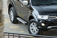 Пороги алюминиевые Rival Silver для Mitsubishi Pajero Sport II 2008-2016.