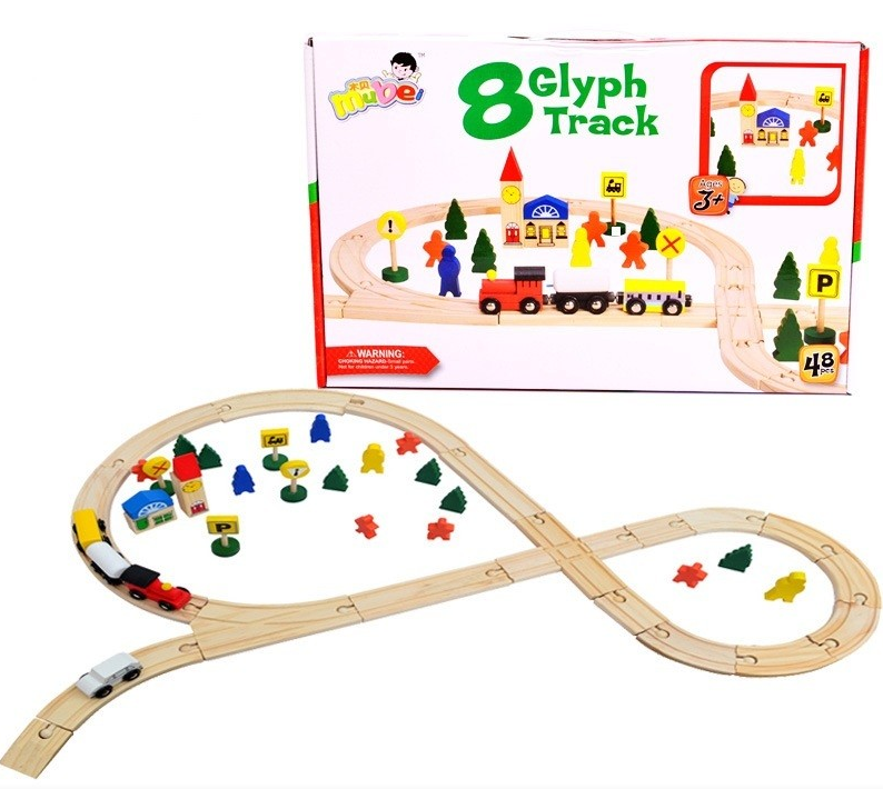 Детский Деревянная Железная дорога со станцией 48 деталей, детская деревянная игрушечная дорога для малышей