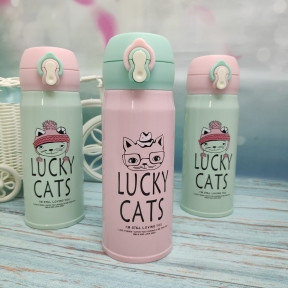 Термокружка LUCKY Cats, 350 мл Розовый с мятной крышечкой