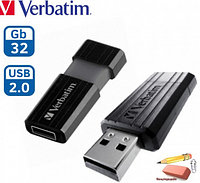 Карта памяти USB Flash 2.0 Verbatim PinStripe, 32 Гб, USB 2.0, черный, арт.49064