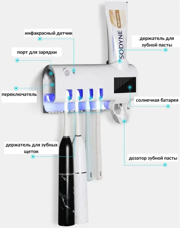 Держатель для зубных щеток с дозатором зубной пасты и УФ дезинфекцией - фото 3 - id-p191176559