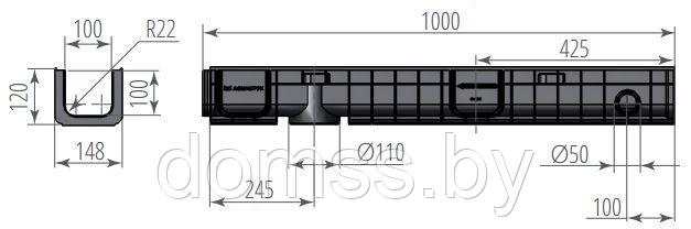 Чертежный вид лотка Norma Plastik DN100 H120