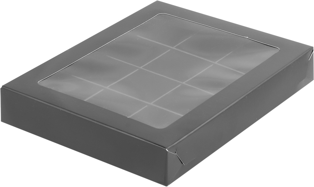 Коробка для 12 конфет с вклееным окном Черная, 190х150х h30 мм - фото 1 - id-p117758251