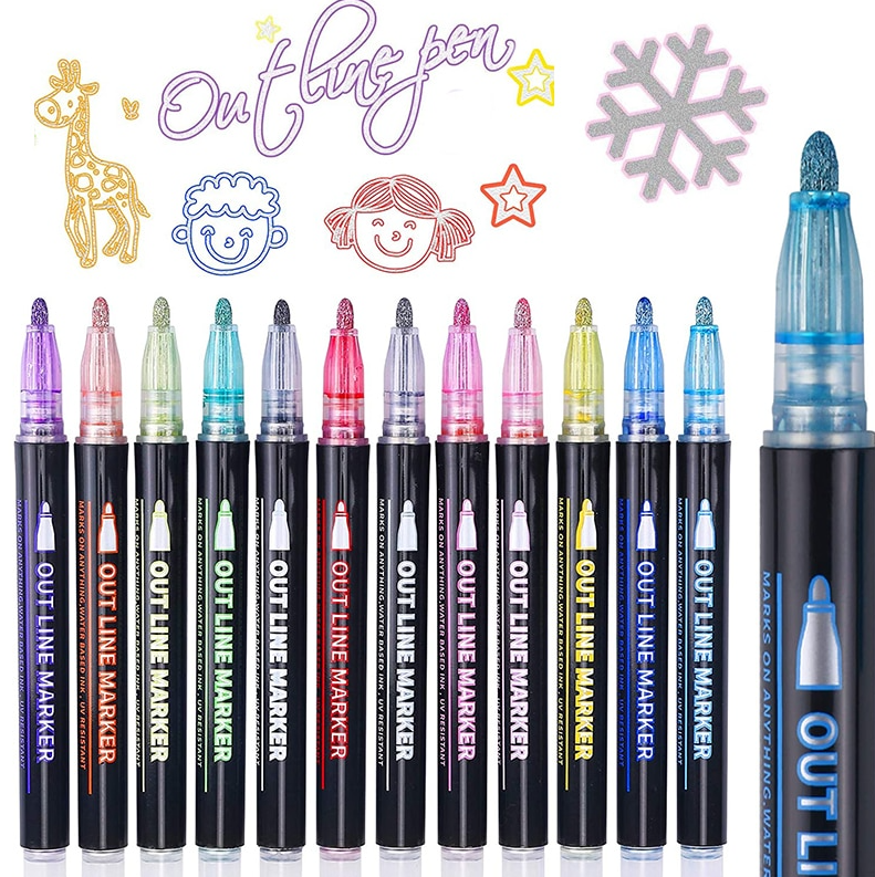 Набор цветных блестящих контурных маркеров/ фломастеров Outline Pen двойная линия Магия мерцающего серебра. 12 - фото 8 - id-p179623643