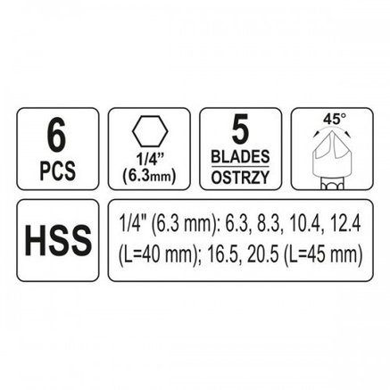 Сверло конусное зенкер d6.3-20.5мм хвостовик HEX (набор 6пр.) "Yato" YT-44729, фото 2