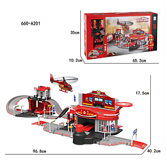 Детская игрушка паркинг Пожарная часть арт.660-A201, гараж,парковка, детский игровой набор 75 предметов