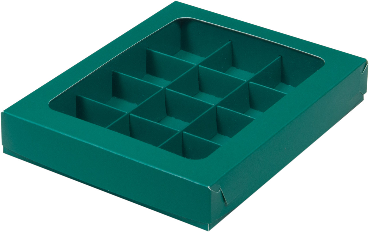 Коробка для 12 конфет с вклееным окном Зеленая, 190х150х h30 мм - фото 1 - id-p191730718