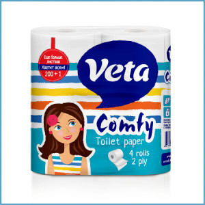 Бумага туалетная VETA COMFY белая, двухслойная, на втулке 1*4 рулона 23.1 м