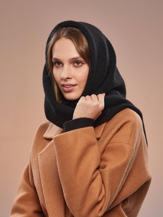 Шарф теплый женский черный зимний платок косынка шарфик палантин однотонный шерстяной на голову шею
