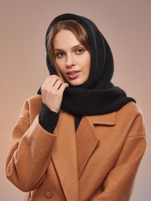 Шарф теплый женский черный зимний платок косынка шарфик палантин однотонный шерстяной на голову шею - фото 4 - id-p192279562