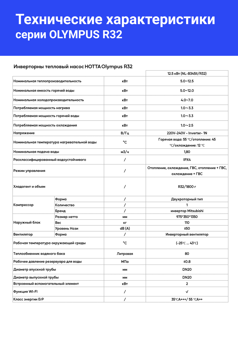 Тепловой насос Hotta Olympus R32 12.5 кВт - фото 4 - id-p180657413