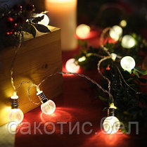 Гирлянда светодиодная «Лампочки» 10 LED, 1.5 м, прозрачный ПВХ, теплый белый цвет свечения, 2 х АА, фото 3