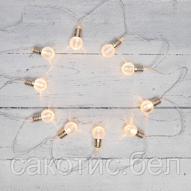 Гирлянда светодиодная «Лампочки» 10 LED, 1.5 м, прозрачный ПВХ, теплый белый цвет свечения, 2 х АА, фото 2