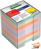 Блок для заметок Стамм 90х90х90 мм., цветной, в пластиковом прозрачном боксе