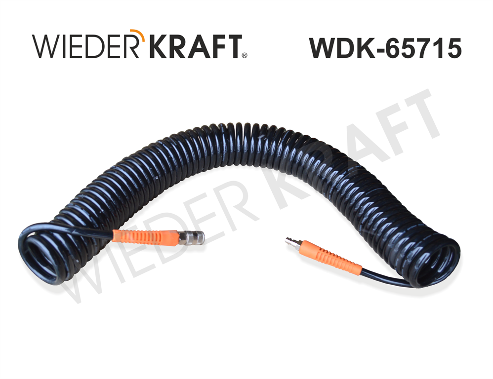 WiederKraft WDK-65715 Шланг пневматический полиуретановый с фитингами БРС. Витой, длина до 15метров, 8*12мм, - фото 1 - id-p24935093