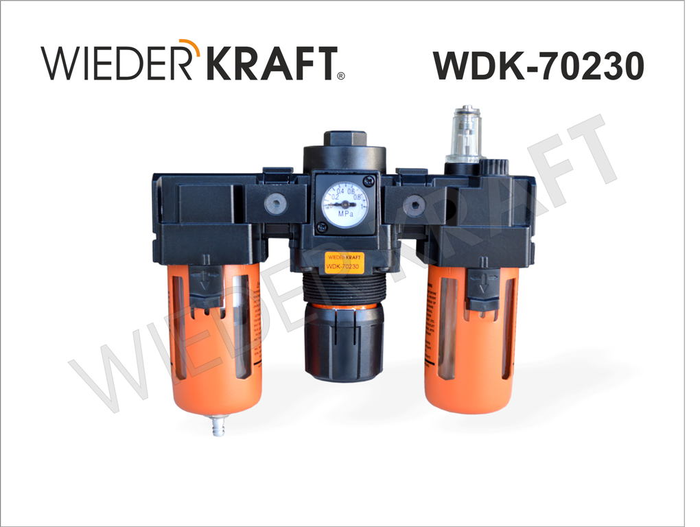 WiederKraft WDK-70230 Блок подготовки воздуха состоит из влагоотделителя, лубрикатора, регулятора и манометра - фото 1 - id-p24935099