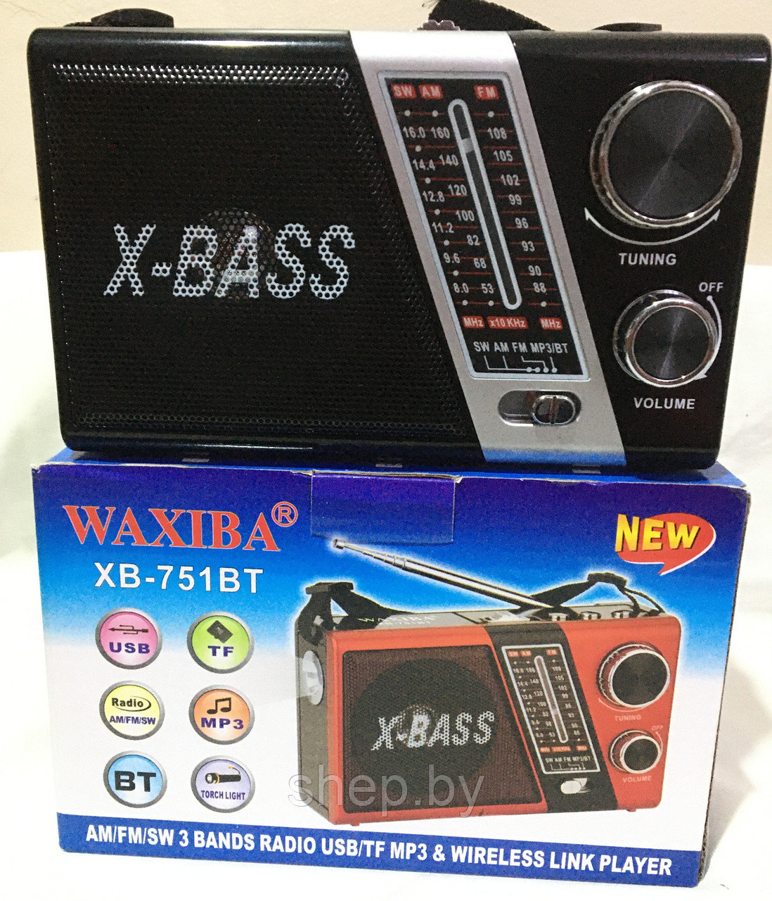 Радиоприемник Waxiba XB-751BT Bluetooth, USB, SD, часы, фонарик Цвет : черный,красный,золотой - фото 4 - id-p192834840