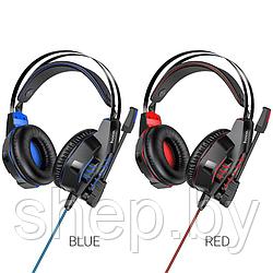 Наушники Hoco W102 полноразмерные игровые с микрофоном(2 м.,USB+3,5 мм, переходник 2*3,5мм) цвет:синий,красный
