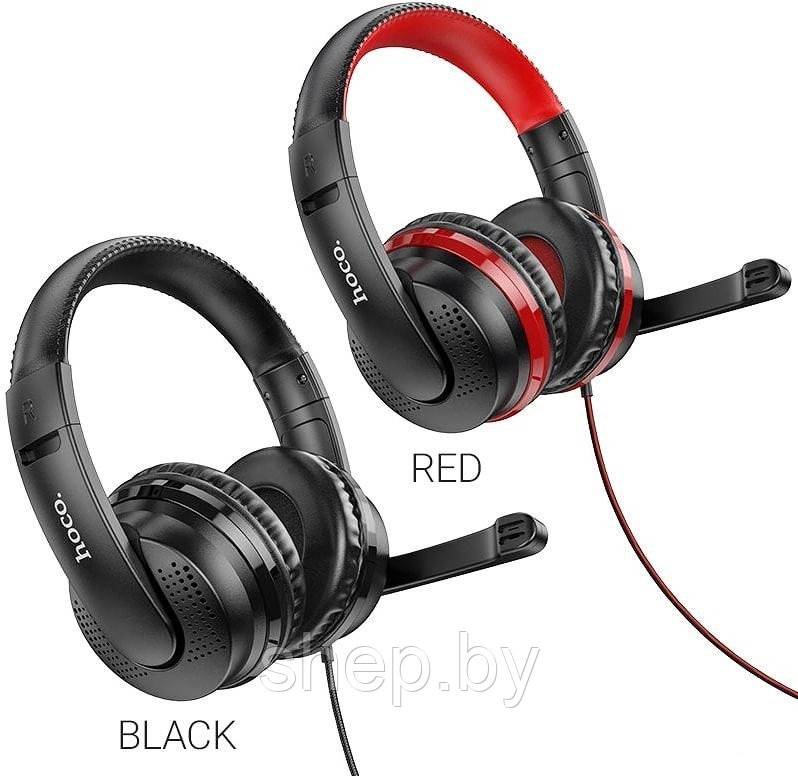 Наушники Hoco W103 полноразмерные игровые с микрофоном (1,2 м.,3,5 мм,переходник 2*3,5мм) цвет: красный,черный - фото 1 - id-p168614532