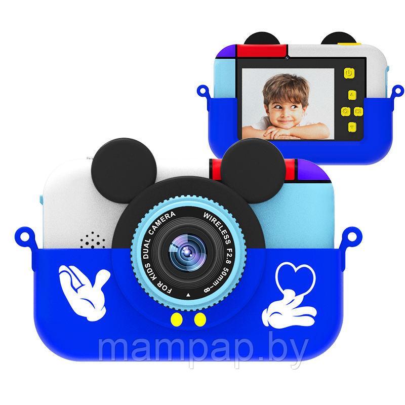 Детский фотоаппарат Микки Маус + селфи камера + память / Детский цифровой фотоаппарат | Синий