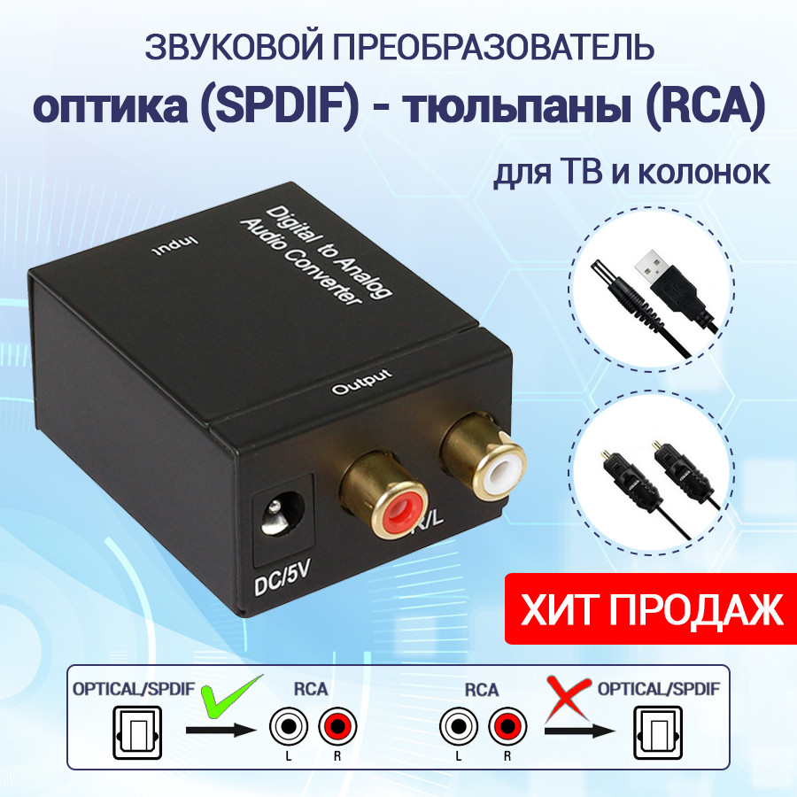 Адаптер - переходник, аудио-преобразователь с оптики (Toslink/SPDIF) на RCA, черный 555594