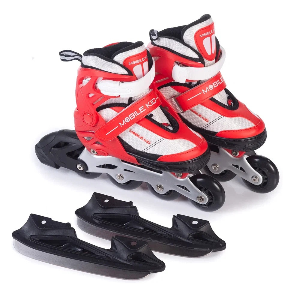Роликовые коньки с лезвиями раздвижные (2-в-1) Mobile Kid UniSkate RED-WHITE - фото 1 - id-p192906545