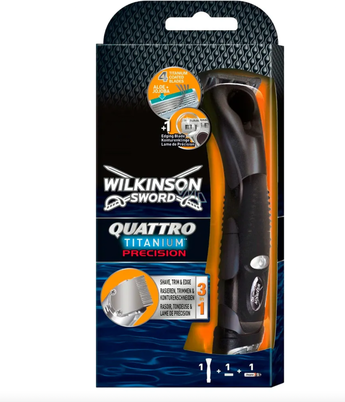 SCHICK Wilkinson Sword Quattro Titanium PRECISION, (Бритвенный станок, триммер, 1 сменная кассета, 1 подставка - фото 1 - id-p192981906