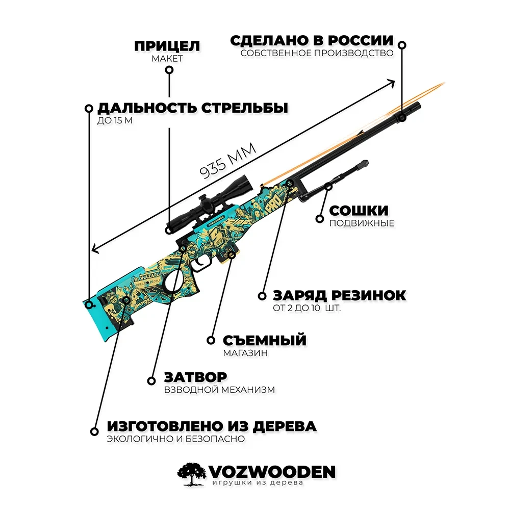 Деревянная снайперская винтовка VozWooden Active AWP / AWM СтикерБомбинг (Стандофф 2 резинкострел) - фото 4 - id-p192989368