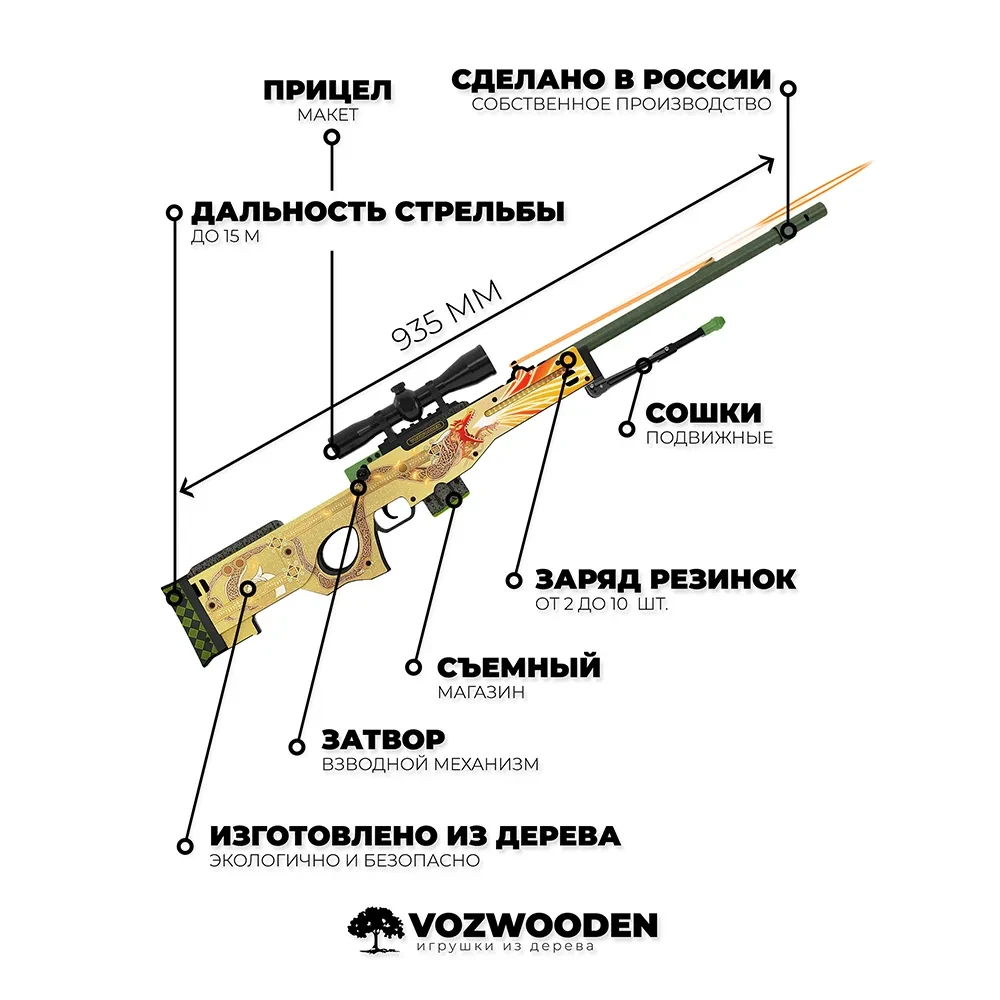 Деревянная снайперская винтовка VozWooden Active AWP История о Драконе (резинкострел) - фото 5 - id-p192997621