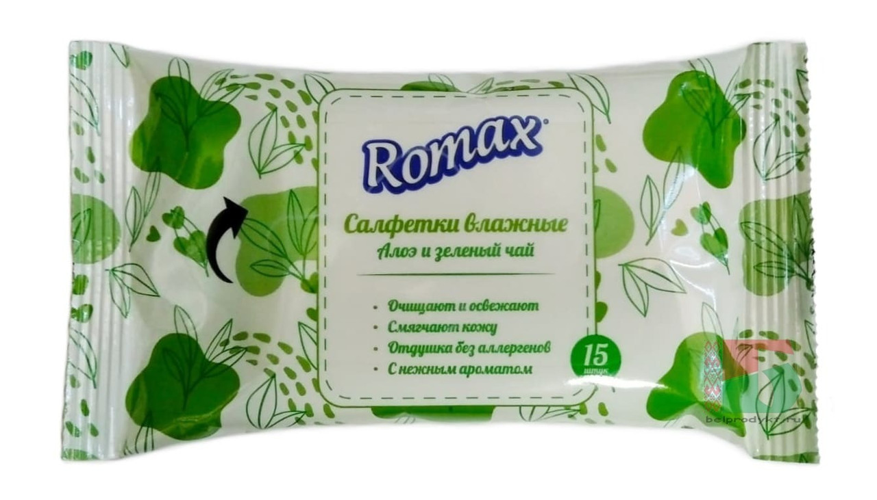 Салфетки влажные с ароматом Алоэ и зеленый чай "Romax", 15 шт./уп.