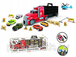 Фура, автовоз, трейлер 666-01G, грузовик с машинками и вертолетом, дорожные знаки, игровой набор.
