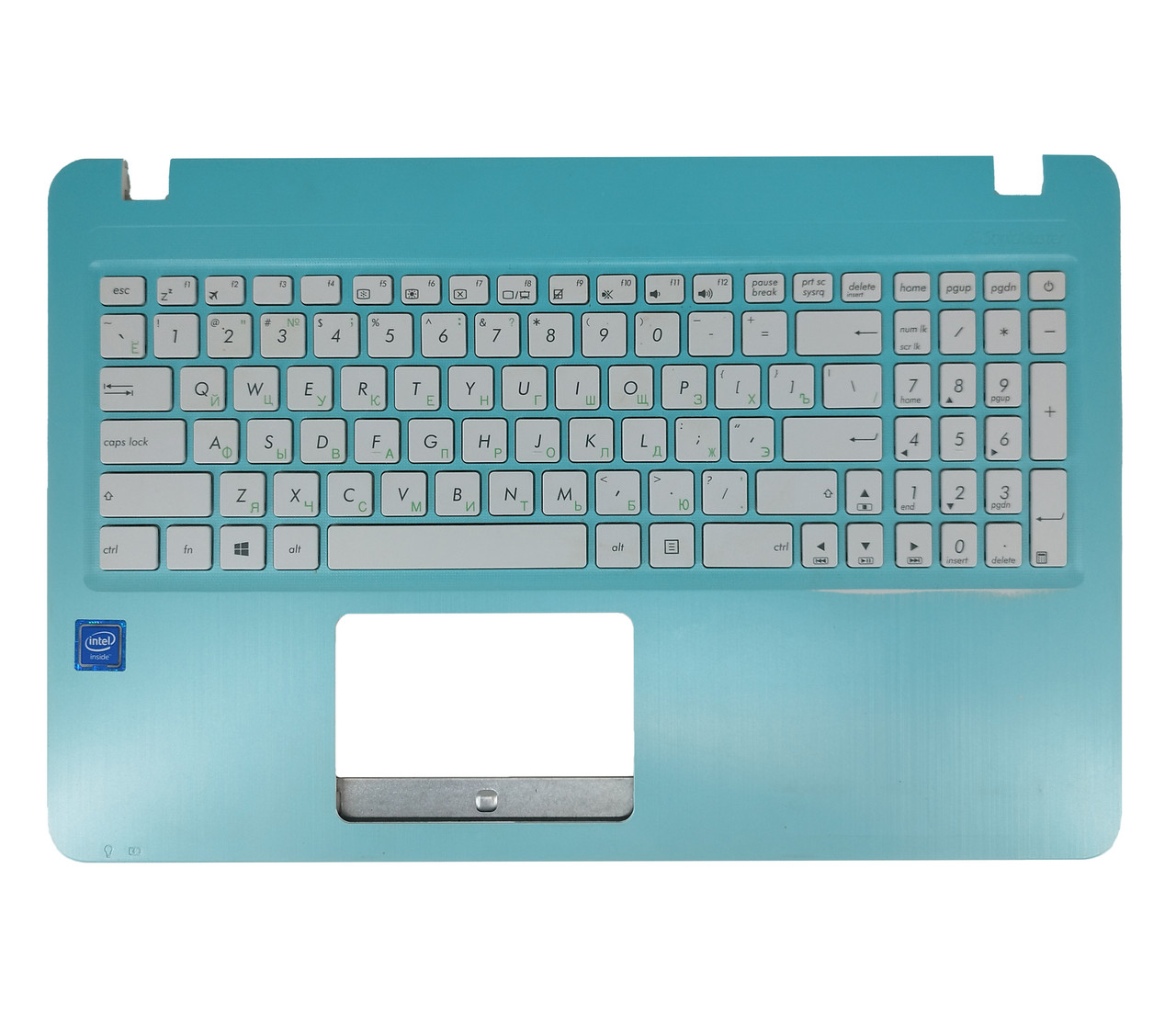 Верхняя часть корпуса (Palmrest) Asus VivoBook X540, бирюзовый с белой клавиатурой, RU (с разбора) - фото 1 - id-p193181074