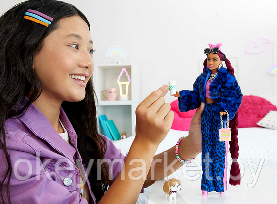 Кукла Barbie Экстра Doll в синем леопардовом костюме HHN09, фото 3
