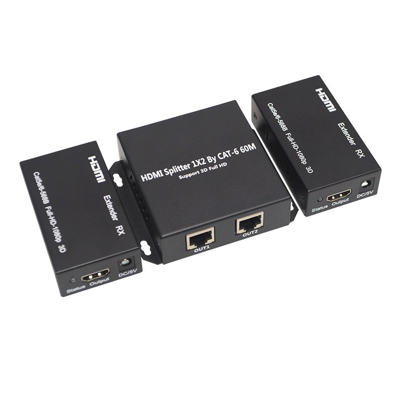 Разветвитель, сплиттер HDMI 1x2 FullHD 1080p до 60 метров - удлинитель сигнала по витой паре RJ45 UTP (LAN),