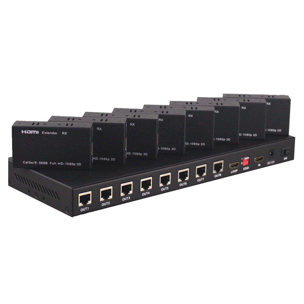 Разветвитель, сплиттер HDMI 1x8 FullHD 1080p до 60 метров - удлинитель сигнала по витой паре RJ45 UTP (LAN),