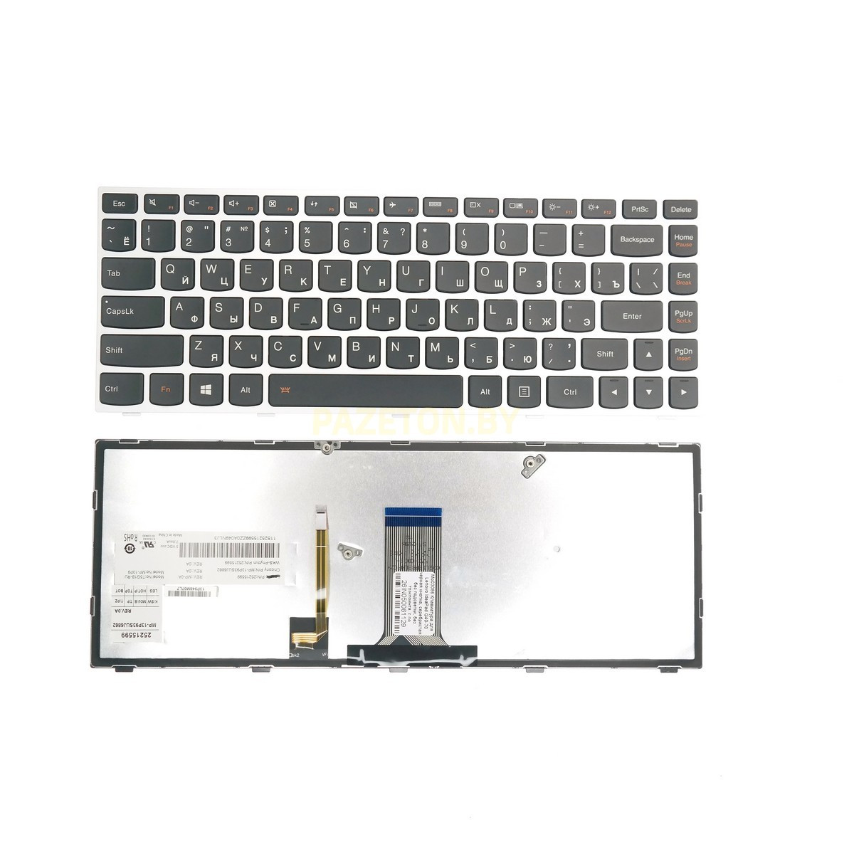 Клавиатура для ноутбука Lenovo IdeaPad G40-70 черные кнопки, серебристая рамка, с подсветкой