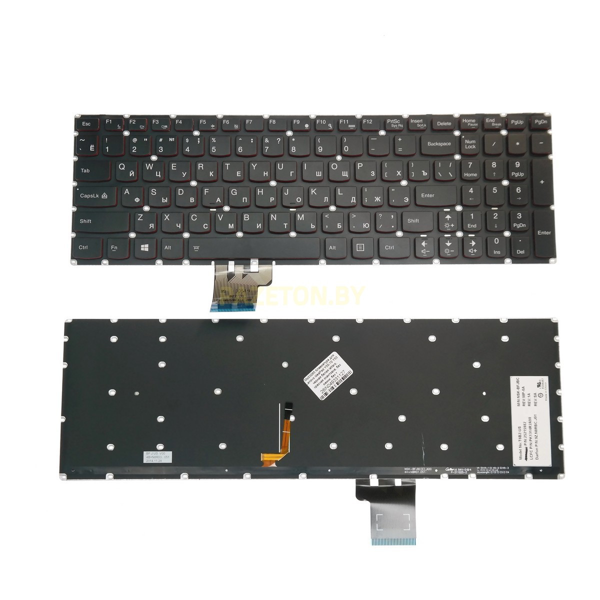 Клавиатура для ноутбука Lenovo IdeaPad Y50-70 Y50 черная белая letters красная окантовка без рамки без