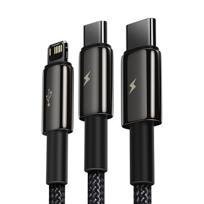 Кабель Baseus Tungsten Gold One-for-three Fast Charging Data Cable USB to M+L+C 3.5A 1.5m CAMLTWJ-01 черный - фото 2 - id-p193309764