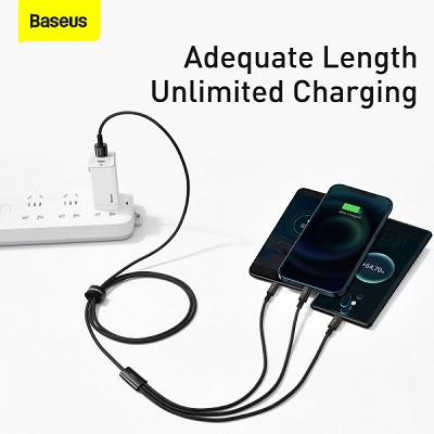 Кабель Baseus Tungsten Gold One-for-three Fast Charging Data Cable USB to M+L+C 3.5A 1.5m CAMLTWJ-01 черный - фото 6 - id-p193309764