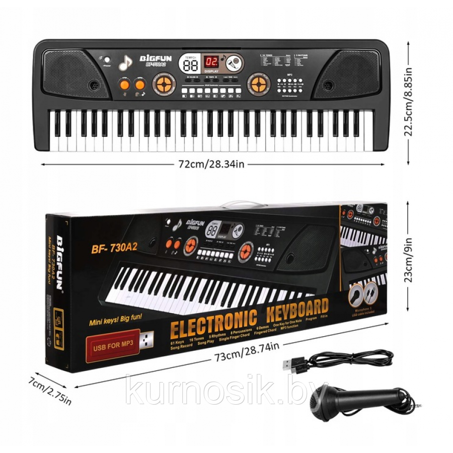 Детский синтезатор с микрофоном, с USB и MP3, от сети 61 клавиша Bigfun BF-730A2 - фото 1 - id-p193312491