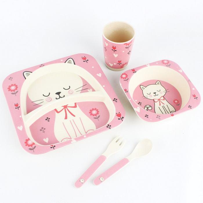 Детская посуда из бамбука из 5 предметов (набор) Bamboo Ware Kids Set. Кошечка - фото 1 - id-p193341908