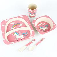 Детская посуда из бамбука из 5 предметов (набор) Bamboo Ware Kids Set. Единорожка