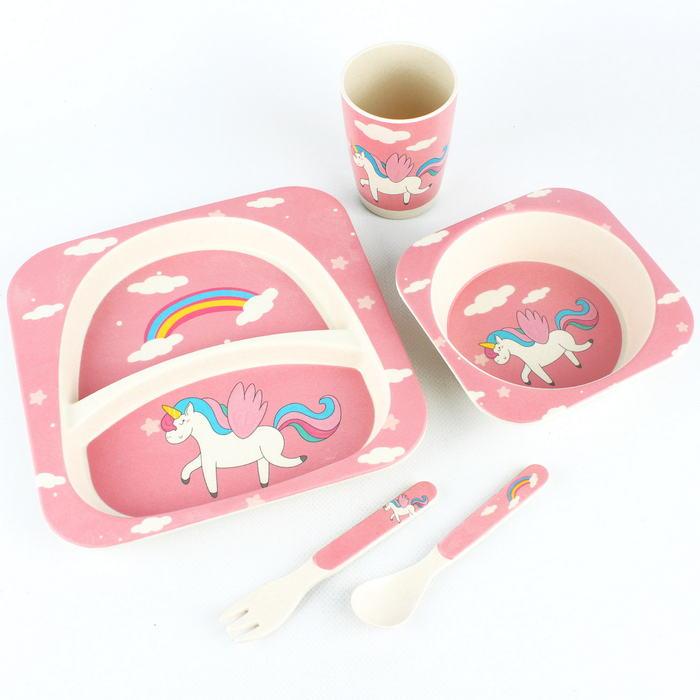 Детская посуда из бамбука из 5 предметов (набор) Bamboo Ware Kids Set. Единорожка - фото 1 - id-p193341909