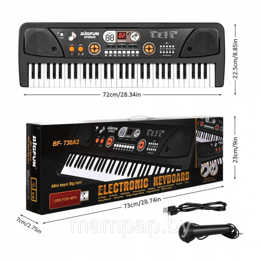 Детский синтезатор Bigfun BF-730B2 , пианино, микрофон, USB, MP3, запись, 61 клавиша