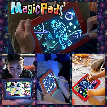 Планшет для рисования светом c разноцветной подсветкой  Magic Pad с 6 разноцветными маркерами, 8 режимов