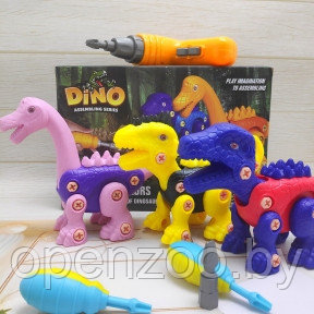 Конструктор DINO с шуруповертом на батарейках. Три динозавра в комплекте Цвет MIX - фото 1 - id-p149232478