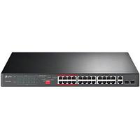 24-port 10/100Mbps Unmanaged PoE+ Switch with 2 combo RJ-45/SFP uplink ports, metal case, rack mount, 24