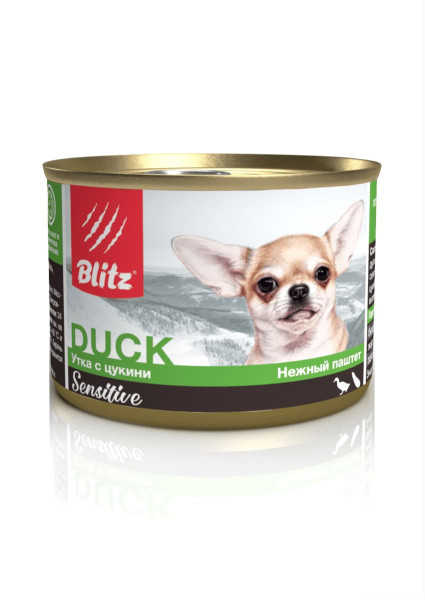 Консервы для собак Blitz Sensitive Small Breed (утка, цукини) 200 гр - фото 1 - id-p193463857